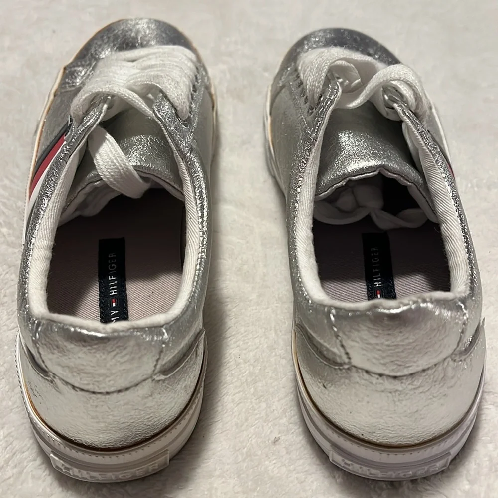 Tommy Hilfiger Silver Metallic Sneakers with Red, White & Navy Stripe